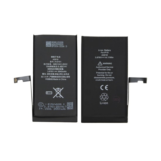 Bateria A3018 para Apple iPhone 15 com Diagnóstico Não Apresenta Erros 3640mAh